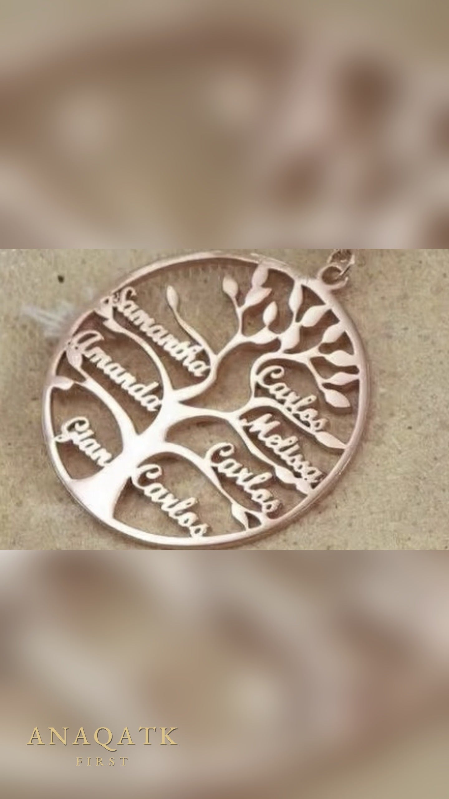 Rose gold family tree name necklace — names as branches, English