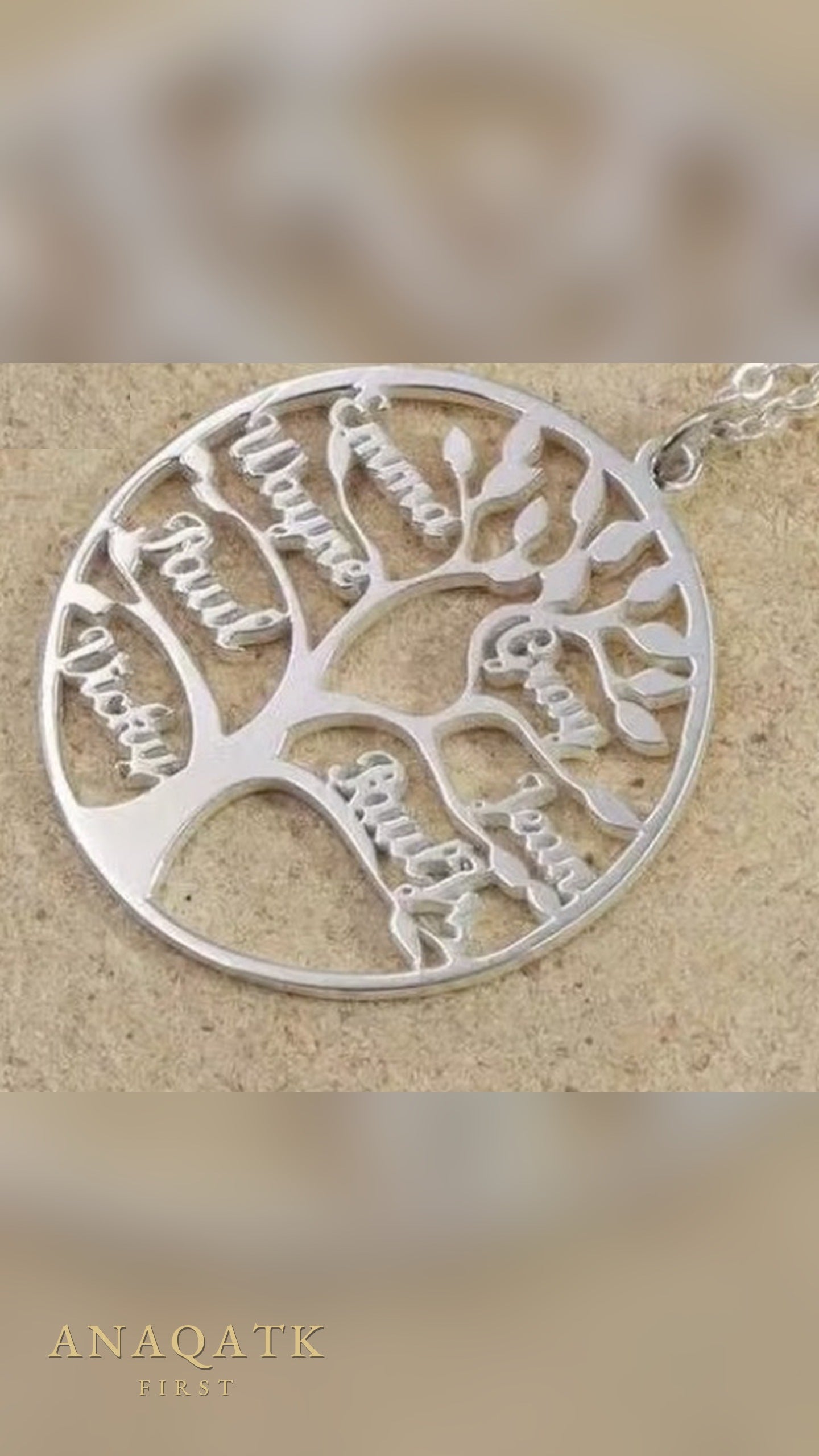 Silver family tree name necklace — names as branches, English
