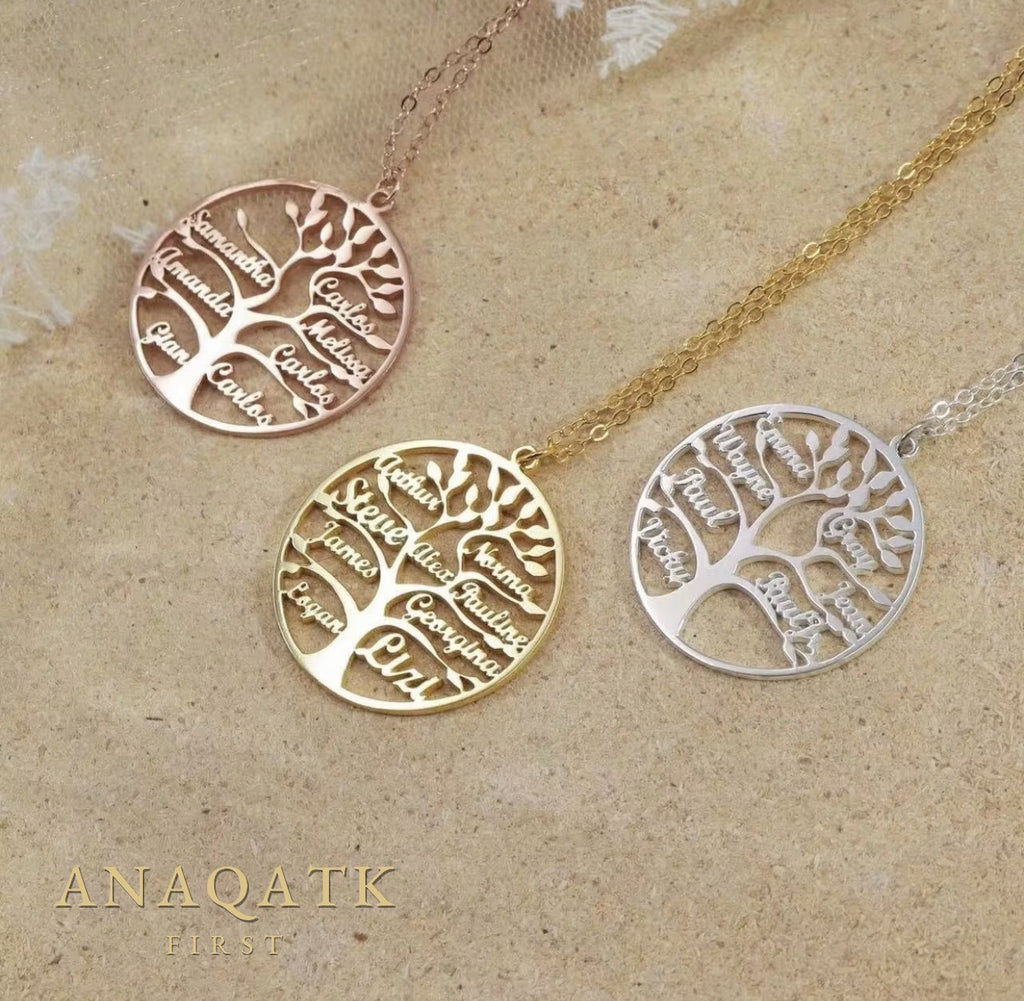 Family tree name necklace in gold, silver and rose gold — Anaqatk First
