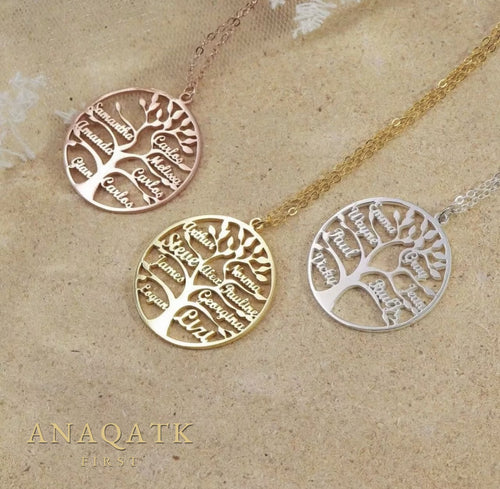 Family tree name necklace in gold, silver and rose gold — Anaqatk First