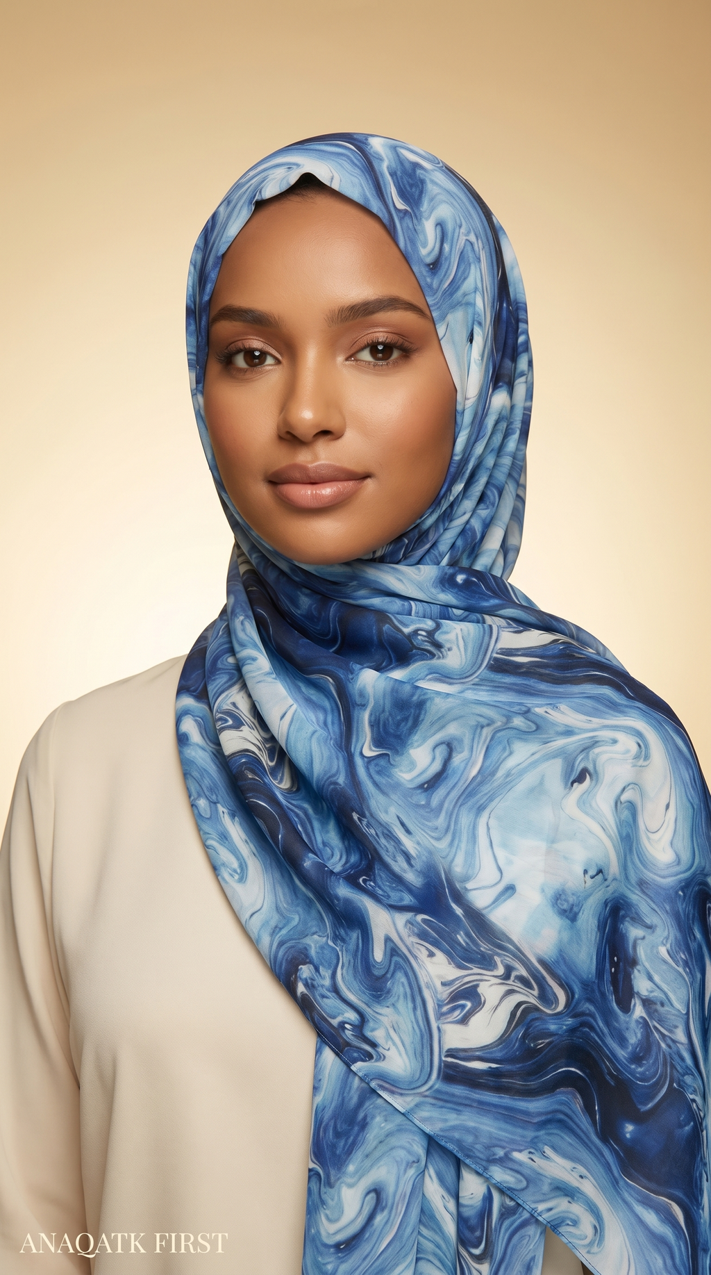 Model wearing Rania hijab in Blue Marble — Anaqatk First