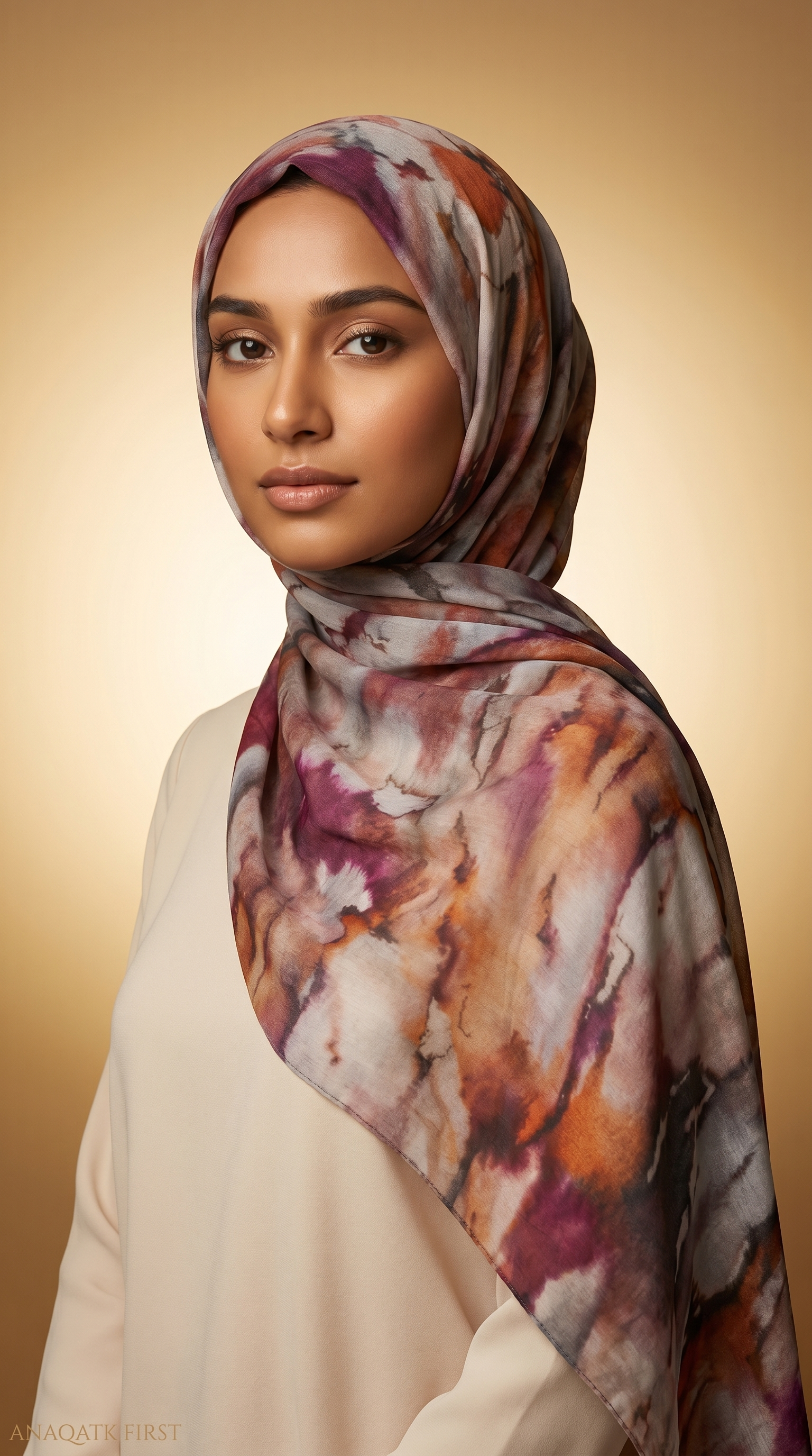 Model wearing Rania hijab in Sunset Marble — Anaqatk First
